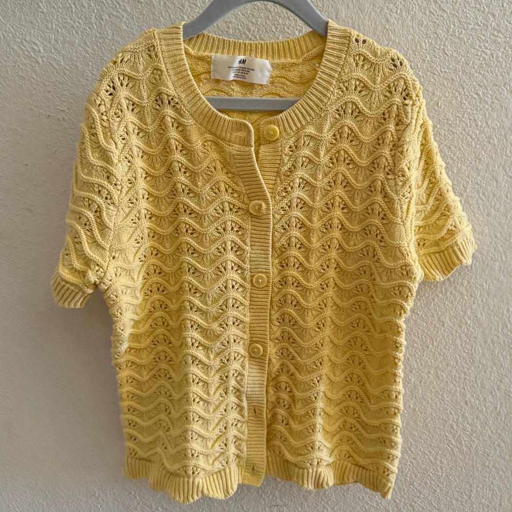 H&M Girls Light Yellow Crochet Knit Scallop Edge Cardigan